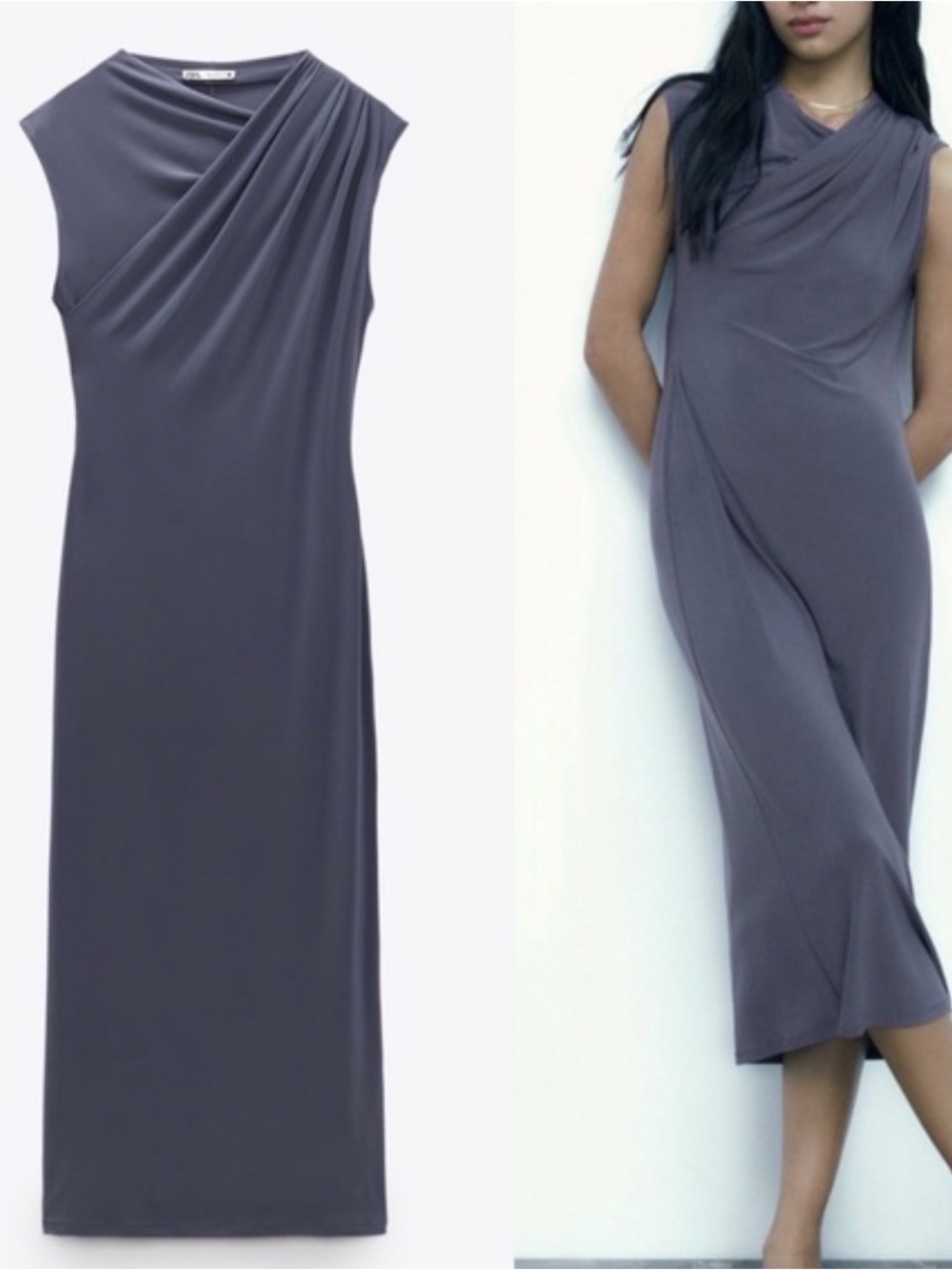 ZARA Sleeveless Draped Midi Dress in Slate Gray